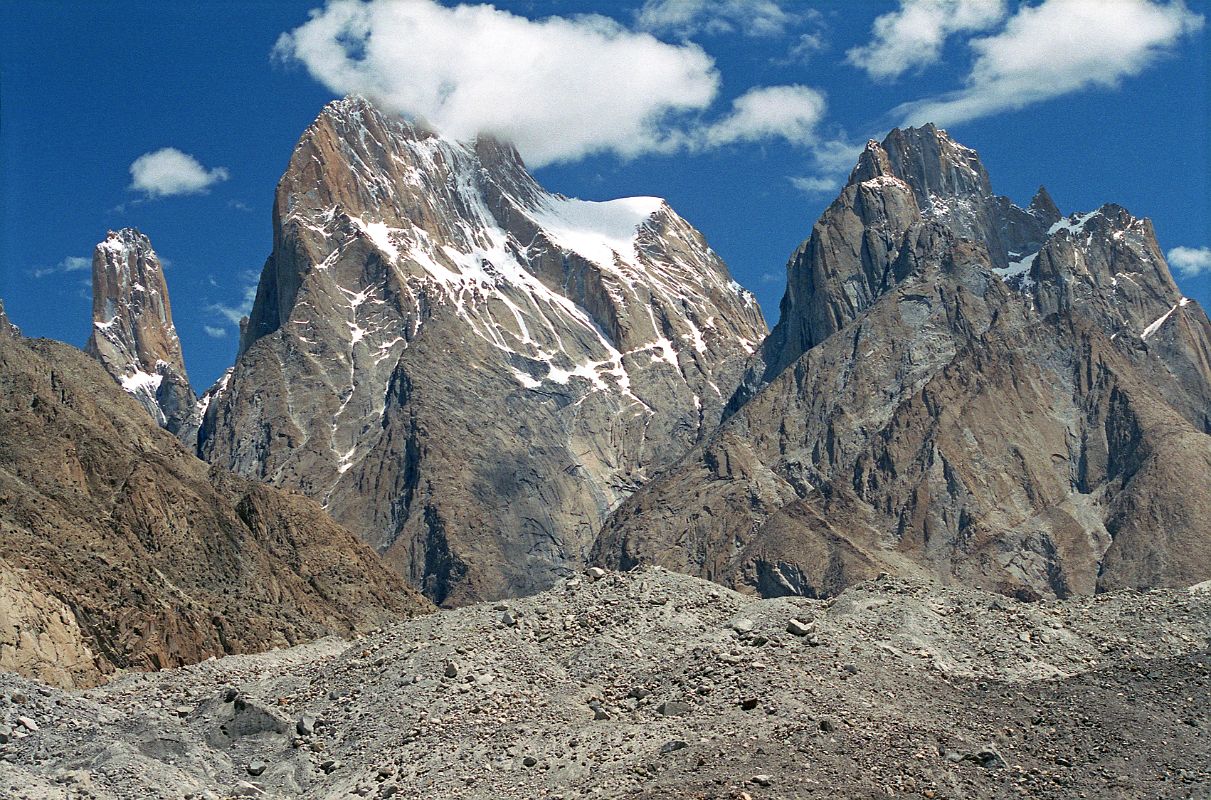 09 Trango Nameless Tower, Great Trango Tower And Trango Pulpit, Trango Castle From Baltoro Glacier Between Paiju And Khoburtse